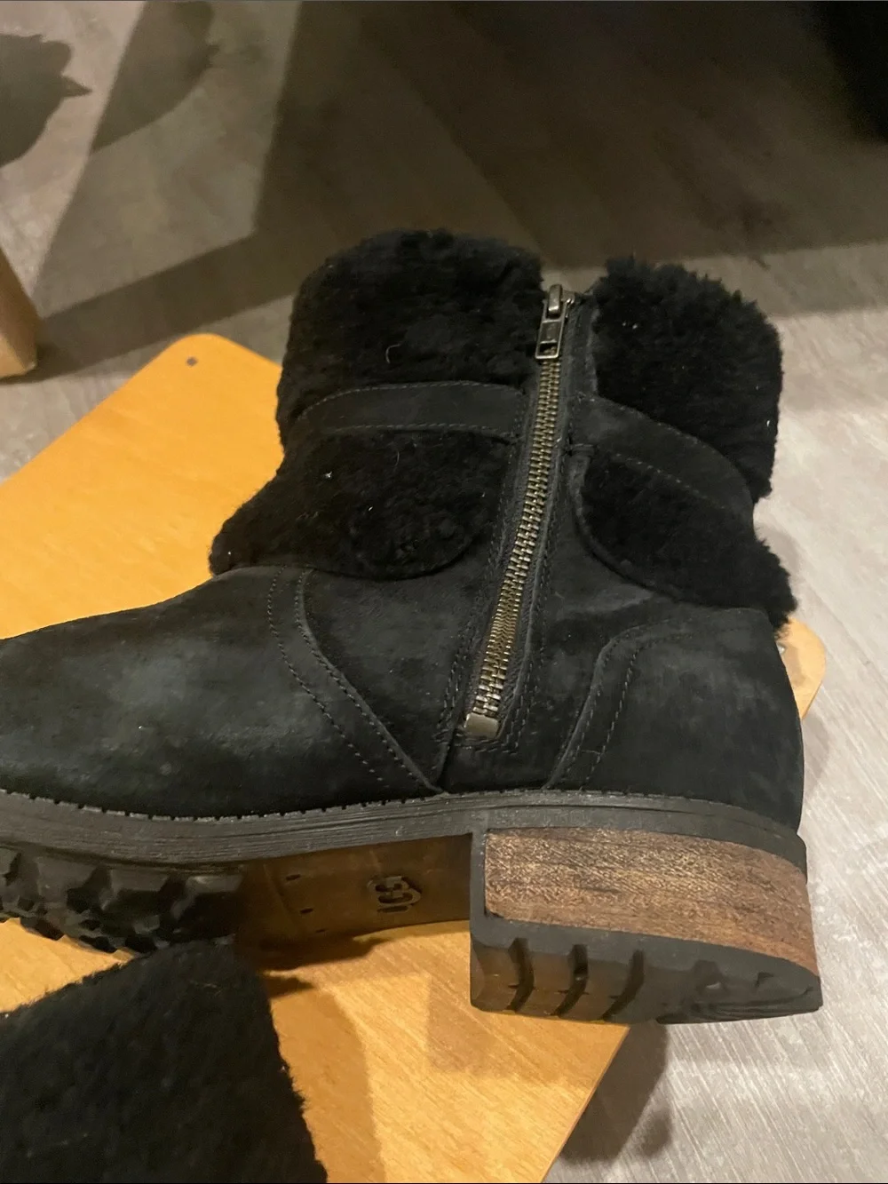 UGG Black Suede Shearling-Lined Mid-Calf Boots with Buckle Accent
